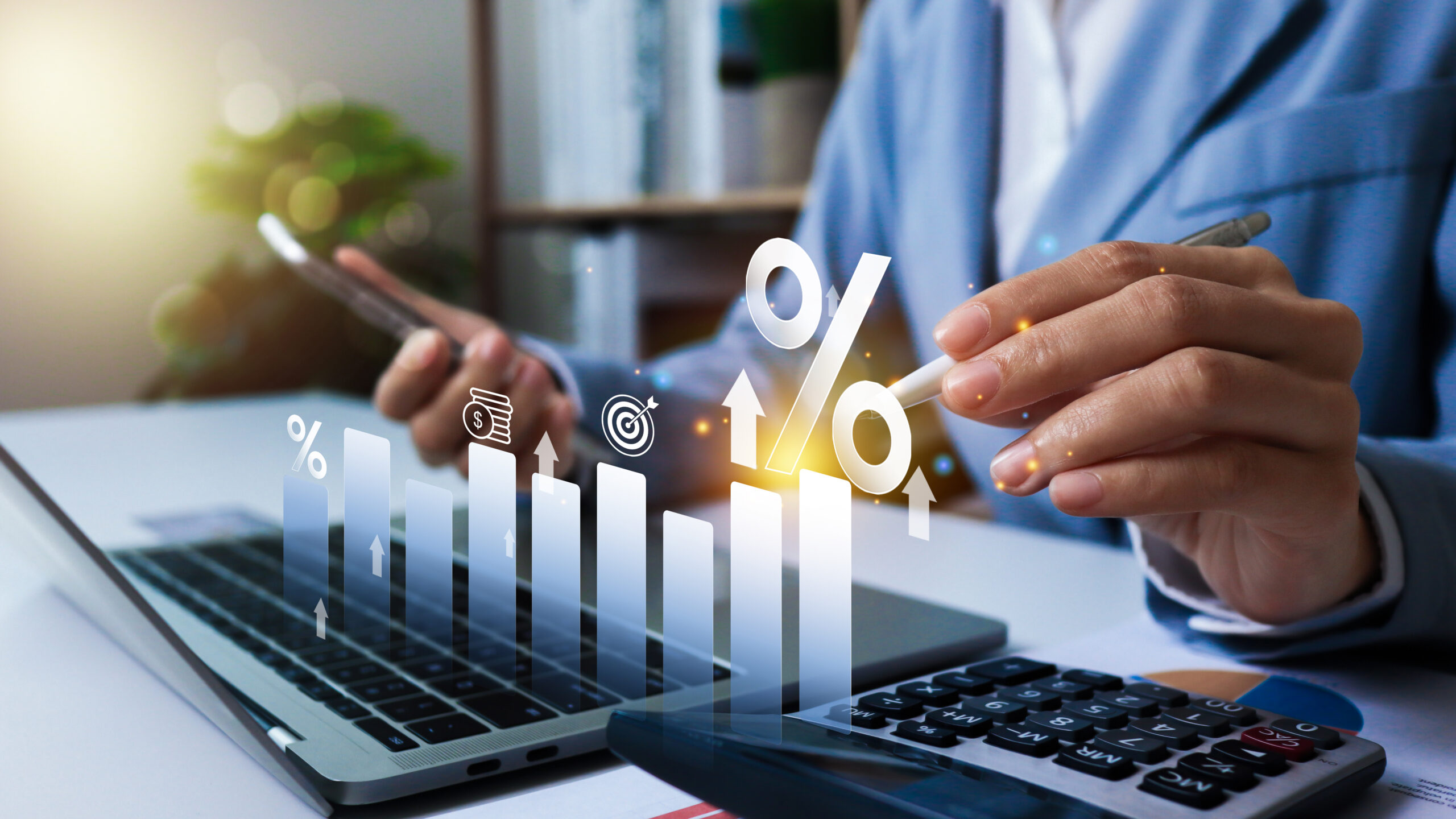 interest rates and dividends, investment returns, income, retirement Compensation fund, dividend tax, Fixed Deposit, Savings Account, Stocks, Finance and investment business growth arrow graph.