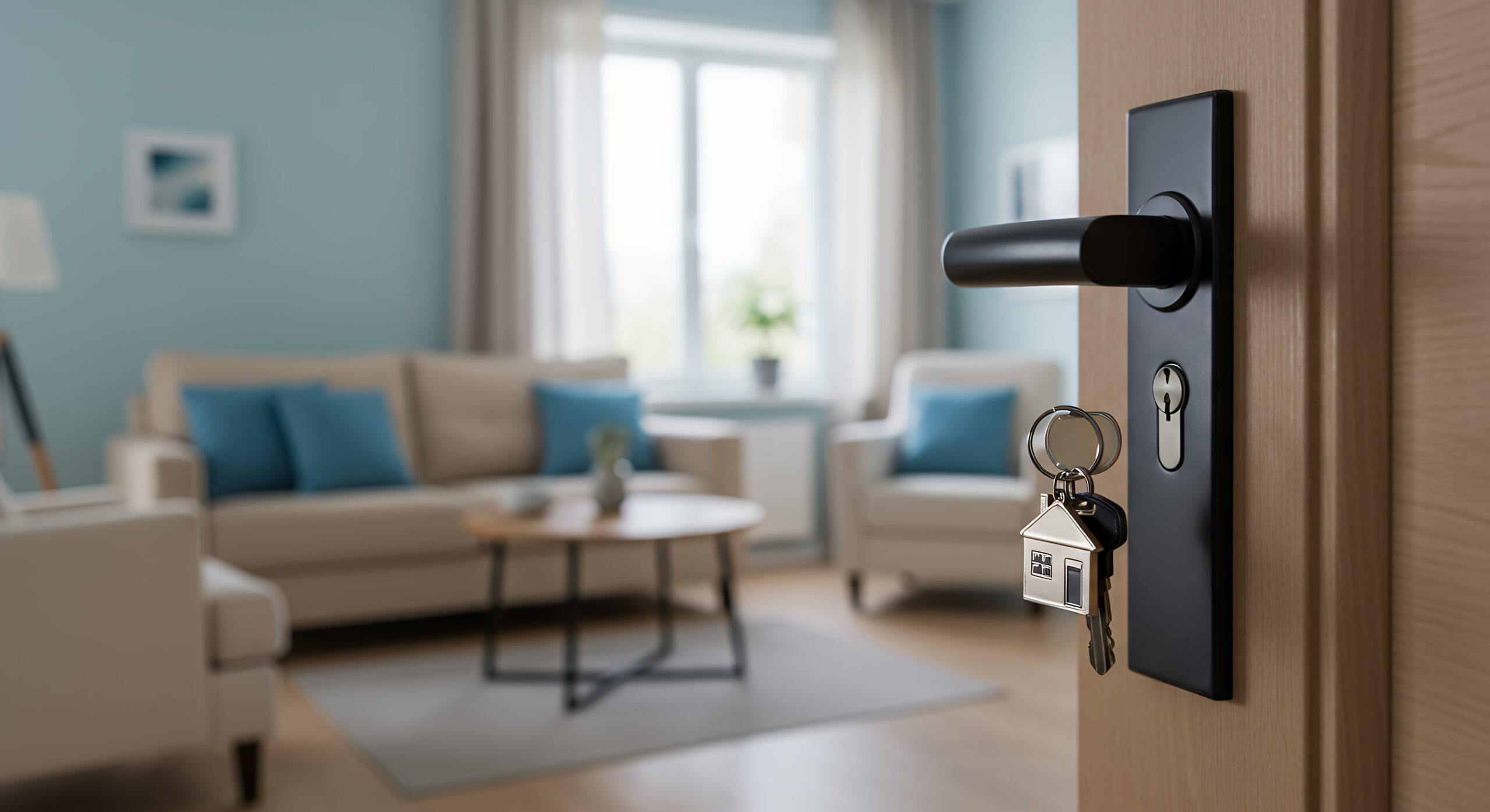 New Home Keys: Open Door to Modern Living Room - Real Estate Dreams Await! Interior Design Inspiration