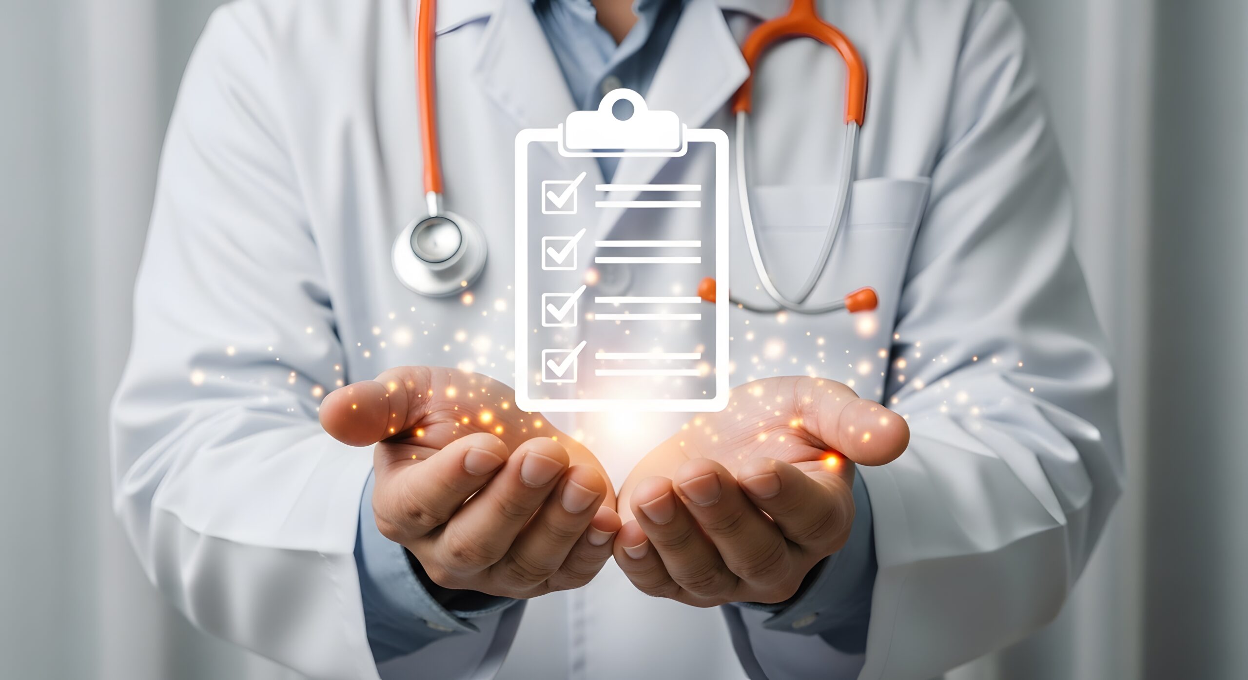 Doctor's Hands Hold a Digital Checklist Symbolizing Healthcare, Medical Records, and Patient Care.
