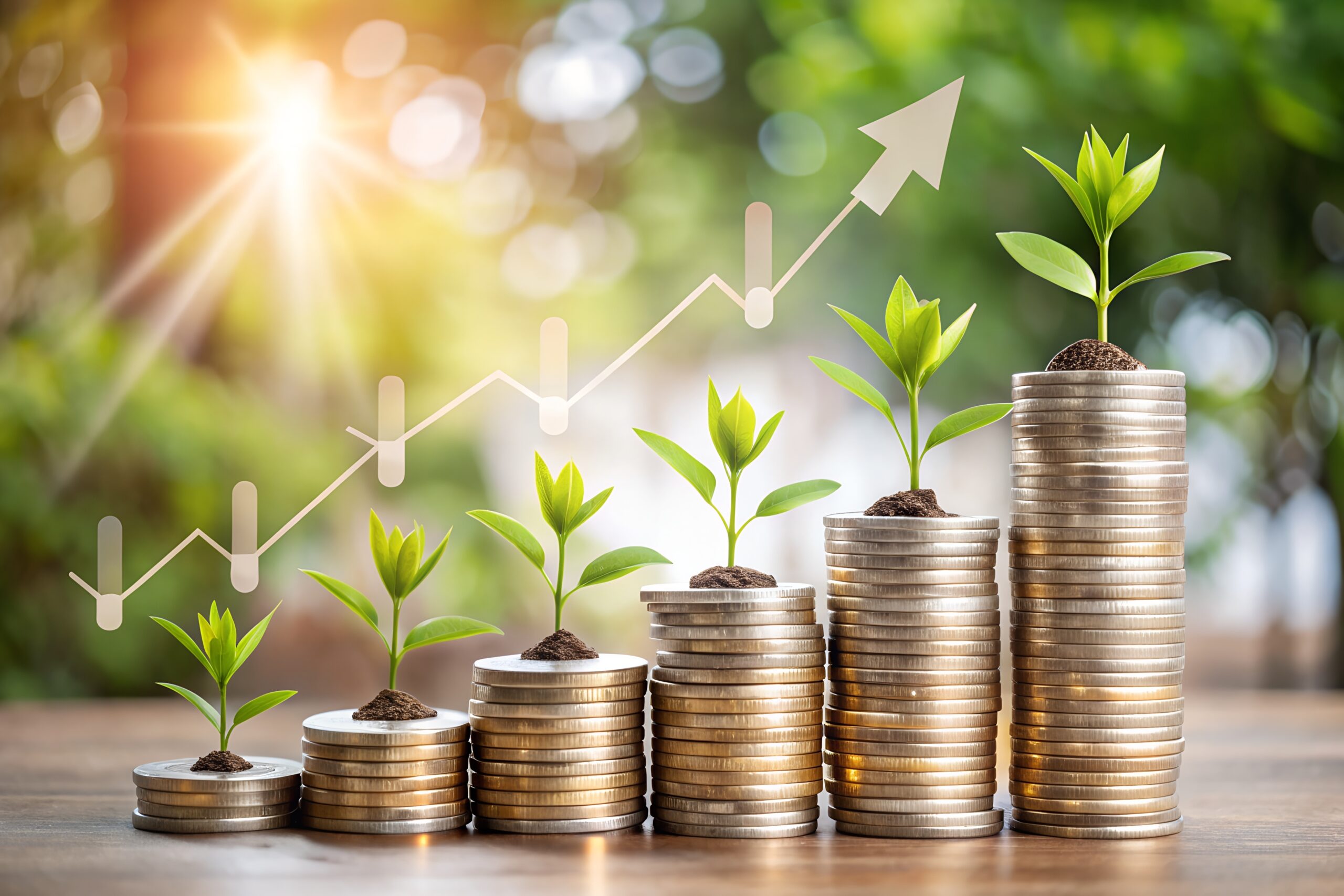 Stacks of coins with growing plants illustrate financial growth and investment opportunities
